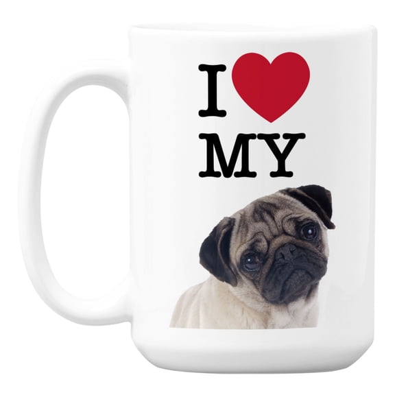 I Love My Pug feat a Cute Dog Face or Head White Ceramic Coffee & Tea Mug (15oz)