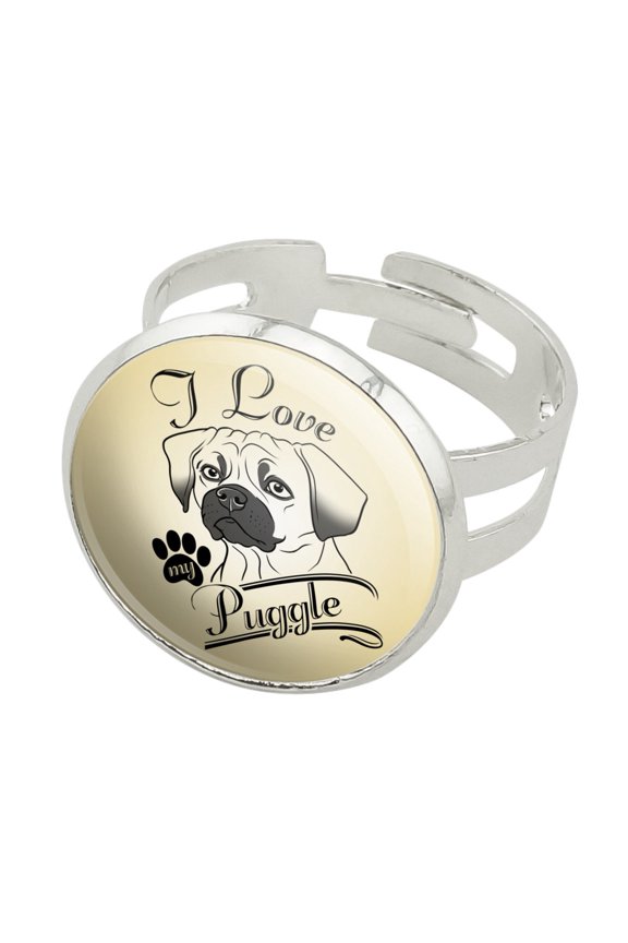 I Love My Puggle Silver Plated Adjustable Novelty Ring