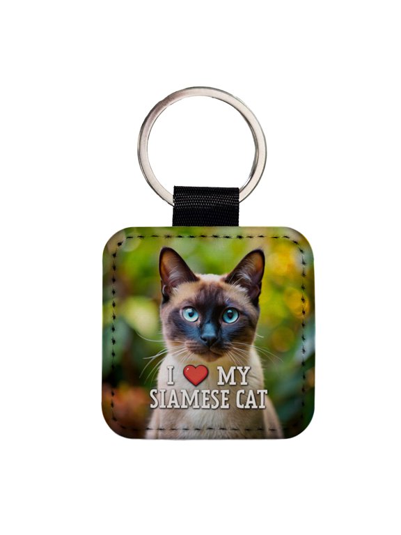 I Love My Siamese Cat Heart Faux Leather Square Keychain