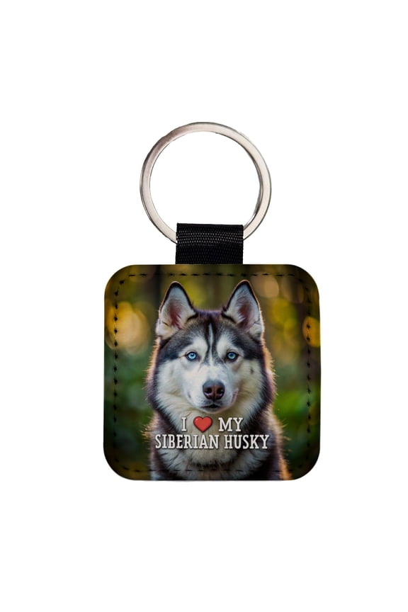 I Love My Siberian Husky Dog Heart Faux Leather Square Keychain