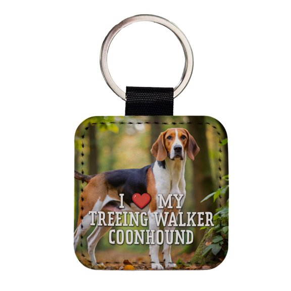 I Love My Treeing Walker Coonhound Dog Heart Faux Leather Square Keychain