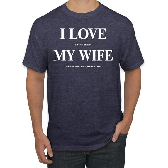 I Love My Wife Lets Me Go Hunting Hunting Men's Graphic T-Shirt, Vintage Heather Navy, Medium