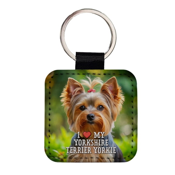 I Love My Yorkshire Terrier Yorkie Dog Heart Faux Leather Square Keychain