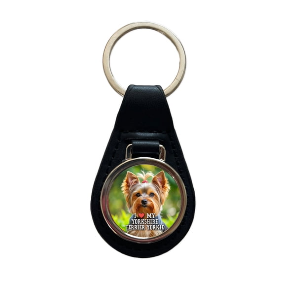 I Love My Yorkshire Terrier Yorkie Dog Heart Metal Black Leather Keychain