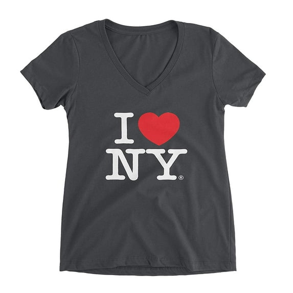 I Love NY Charcoal V-Neck T-Shirt Spandex Ladies Heart New York Womens Tee Small