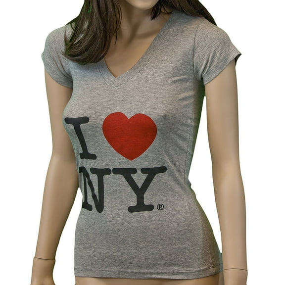 I Love NY New York Womens V-Neck T-Shirt Spandex Heart Gray Medium