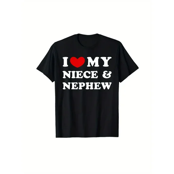 I Love My Niece & Nephew Cotton T-Shirt – Casual Crew Neck Tee, Black with White & Red Print, Soft & Breathable Fabric, Perfect for All Seasons, Family Gatherings | Casual
