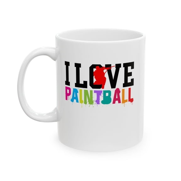 I Love Paintball 11 oz Coffee Mug - Colorful Splatter Design White Ceramic Gift