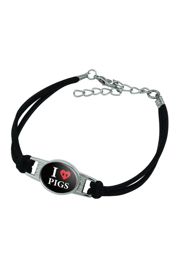 I Love Pigs Heart Snout Novelty Suede Leather Metal Bracelet
