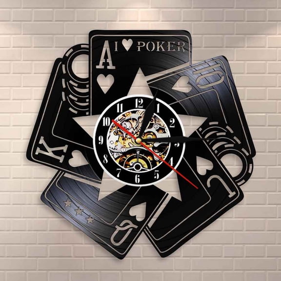 I Love Poker Royal Flush Spades Gamble Room Decorative Wall Clock Poker Cards Las Vegas Gamble Cards Vinyl Record Wall Clock