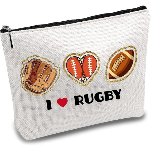 I Love Rugby Makeup Bags for DIY Women Travel Cosmetic Bag Zipper Pouch Tool Multi Purpose Case Toiletry Packing Purse Storage Bag Organizer for DIY Sport Fans Players Friends Gifts 10x7Inch