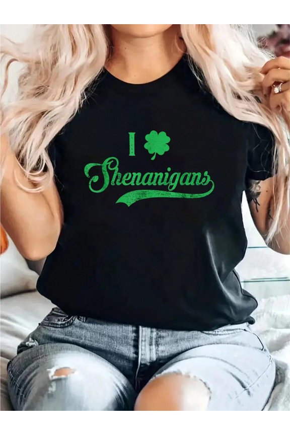 I Love Shenanigans Mixed Clover Shamrock St Print T-Shirt, Casual Crew Neck Short Sleeve Comfort Tee Top For Spring & Summer, Women'S Clothing
