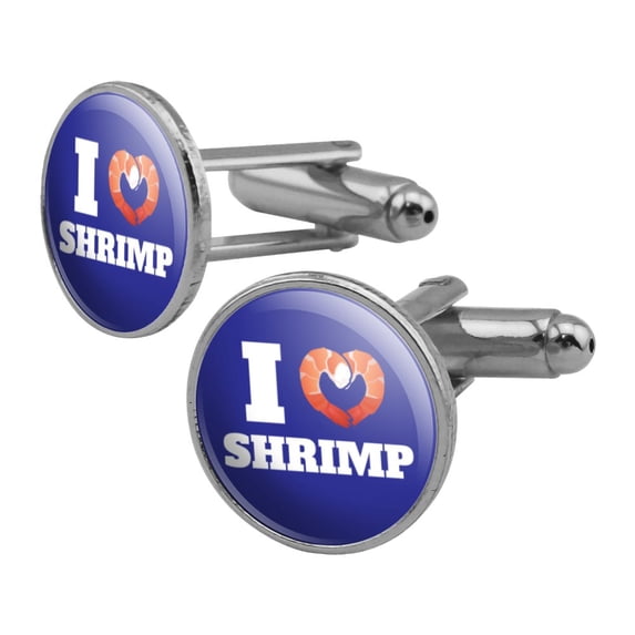 I Love Shrimp with Heart Round Cufflink Set Silver Color