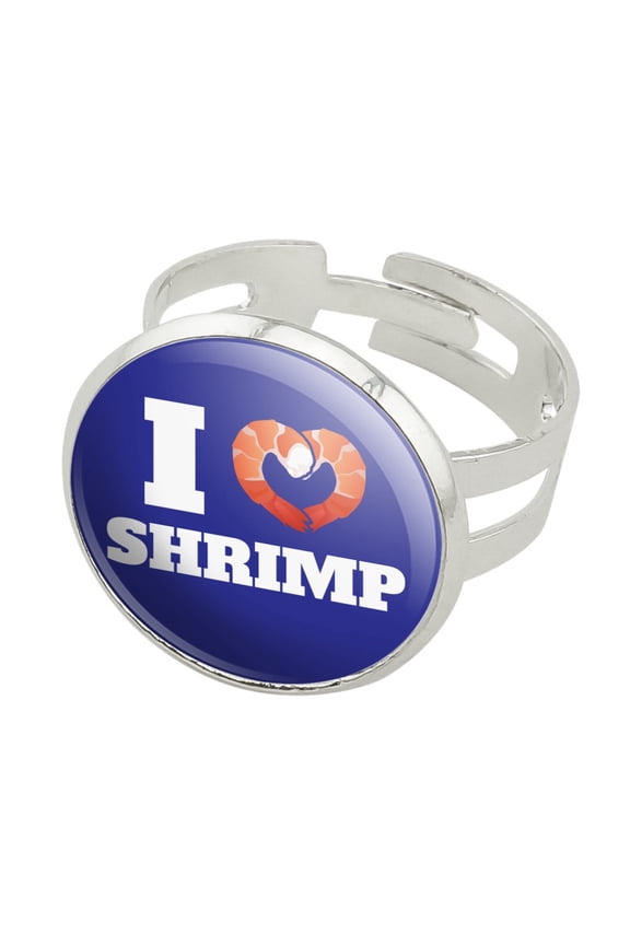 I Love Shrimp with Heart Silver Plated Adjustable Novelty Ring