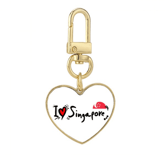 I Love Singapore Word Flag Love Heart Illustration Gold Heart Keychain Metal Keyring Holder