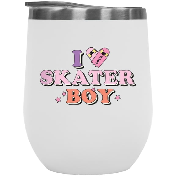 I Love Skater Boy, Girly Art Merch Gift, White 12oz Wine Tumbler