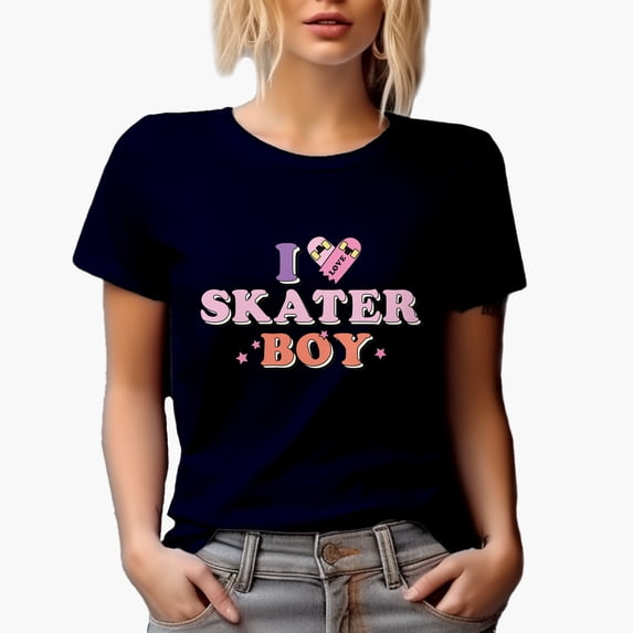 I Love Skater Boy, Girly Skateboard Art Merch Gift, Navy Blue T-Shirt, 2XL