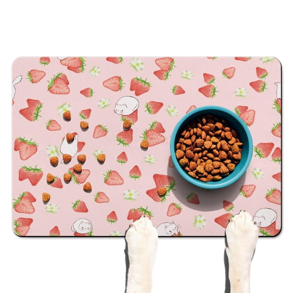 I Love Strawberries Pet Mat - Waterproof Dog Feeding Mat with Cartoon Fruit Design, Non-Slip Rubber Base