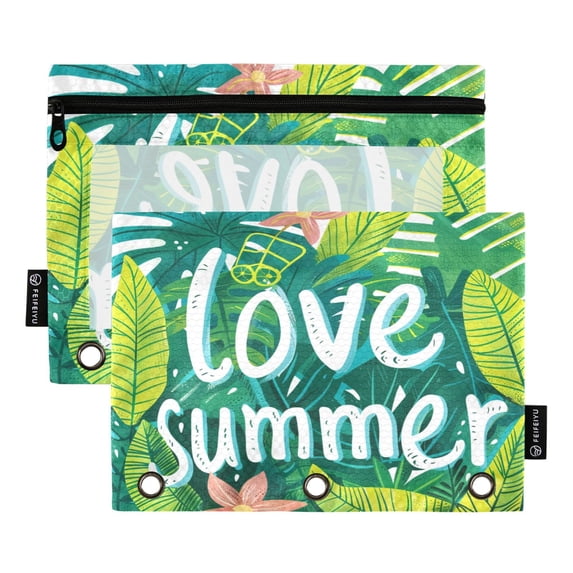 I Love Summer Plant 2 Pack Pencil Pouch for 3 Ring Binder Smooth Zipper Folders with Pockets Clear Window Pencil Case