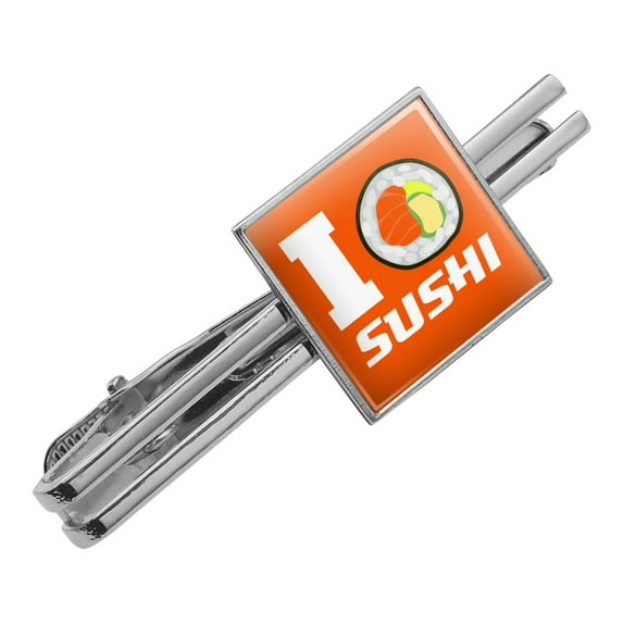I Love Sushi Roll Heart Square Tie Bar Clip Clasp Tack- Silver or Gold