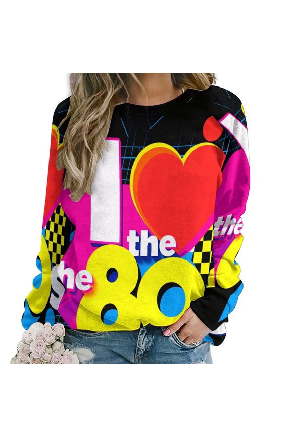 I Love The 80's Eighties Hoodie Round Neck Long Sleeve Cute Casual Hoodie Loose Plus Size Fashion Hoodie