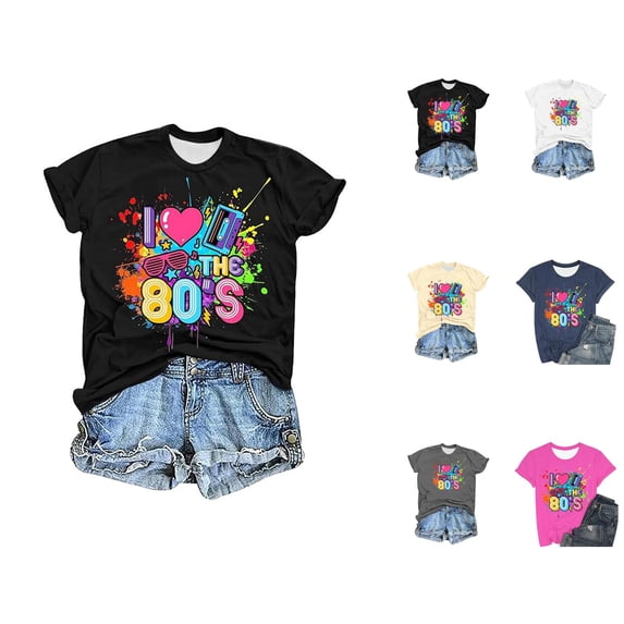 I Love The 80s Graphic Tees for Women 2026 Summer Casual Short Sleeve Crewneck 1980 Vintage Neon T Shirts