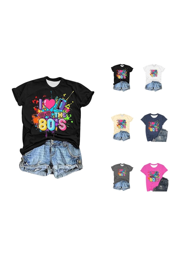 I Love The 80s Graphic Tees for Women 2026 Summer Casual Short Sleeve Crewneck 1980 Vintage Neon T Shirts