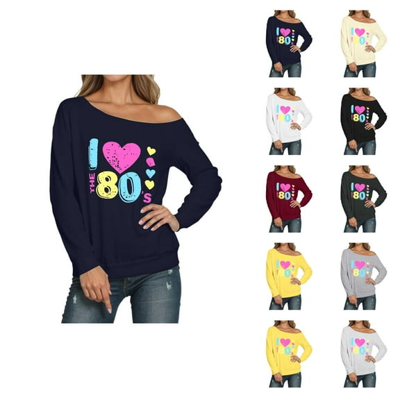 I Love The 80s Sweatshirts for Women Long Sleeve Off The Shoulder Vintage 80s Sweatshirt Pullover Tops