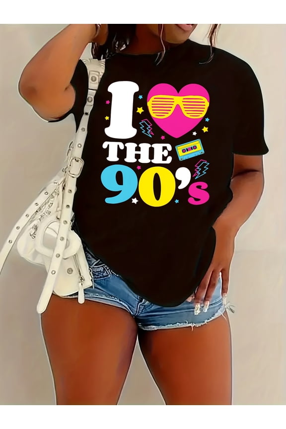 I Love The 90's Print T-shirt, Casual Crew Neck Short Sleeve Top For Spring & Summer, Women's Clothing