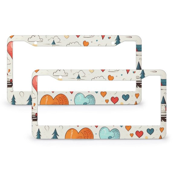 I Love Trains Cartoon License Plate Cover 2 PCS Vintage Locomotive in Countryside Scenery Funny License Plates for Girl Women Men Vehicles 2 Holes Stainless Aluminum License Plate Frames