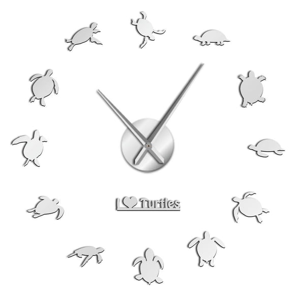 I Love Turtles Silhouettes Frameless Wall Clock Stickers, DIY Modern Decorative Clocks for Living Room, Bedroom, Office - Easy to Install, Large 3D Clock Design (Silver,27in)