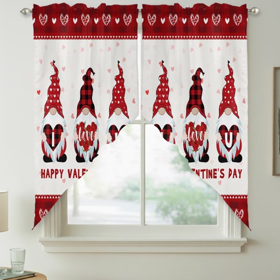 I Love U Gnome Swag Valances for Windows, Hearts Roses Red Buffalo Plaid Rod Pocket Short Curtains, Machine Washable Kitchen Window Topper for Bathroom Living Room, 28 x 36 Inch, 1 Pair