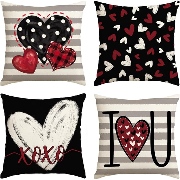 I Love U XOXO Valentine Hearts Stripes Throw Pillow Covers, 18 x 18 Inch Love Wedding Black Cushion Case Decoration for Sofa Couch Set of 4