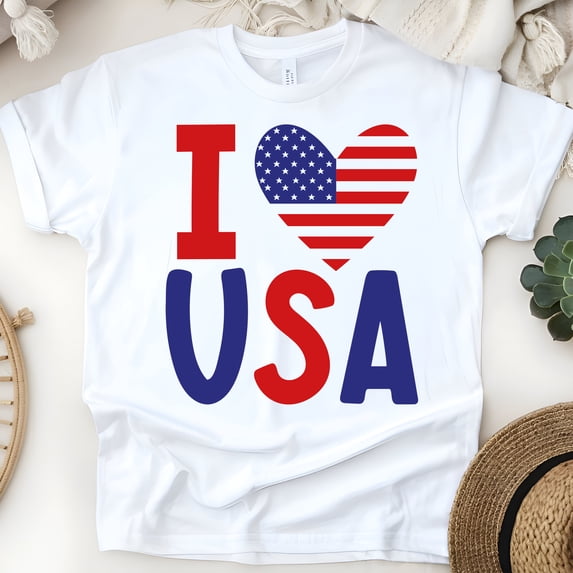 I Love USA T-Shirt, Patriotic Heart Flag Graphic Tee, Red White Blue Shirt, White, Size M