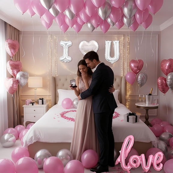 I Love You Balloons Pink Silver Balloon with Heart Shaped, Love Foil Balloons and Pink Rose Petals for Anniversary Valentine's Day Proposals Romantic Decoration Kit