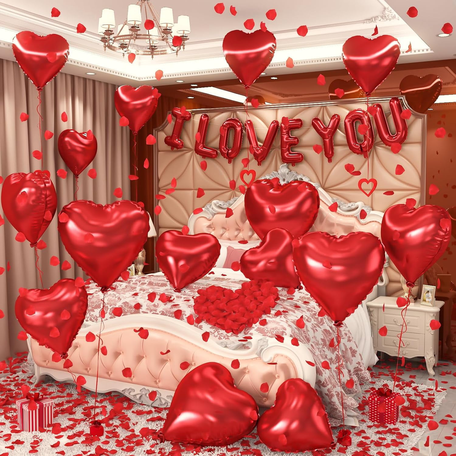 I Love You Balloons Valentines Day Balloons Red Heart Love Foil Mylar Balloon Rose Petals for Wedding Anniversary Engagement Valentine Day Romantic Decorations Party