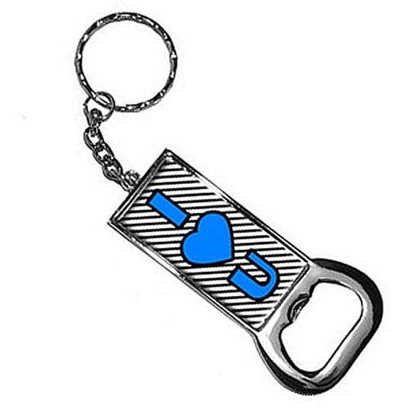 I Love You Big Blue Heart Black Stripes Keychain Key Chain Ring Bottle Bottlecap Opener