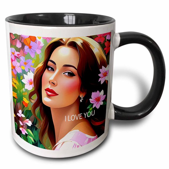 3drose, I Love You. Breathtaking Young Beauty in the Fantasy Garden. Card, 15oz Two-tone Black Mug