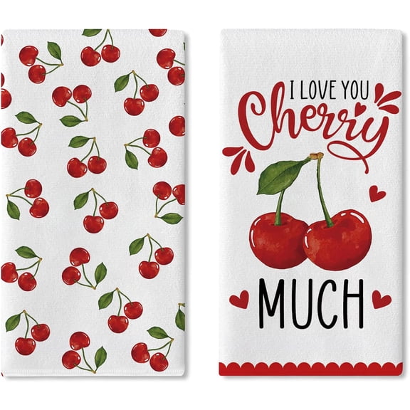 I Love You Cherry Much Kitchen Dish Towels Set of 2, Fruit Red Hearts Drying Hand Towel Baking Cooking Cloth, Spring Summer Bathroom Home Decoration 18'' x 26''