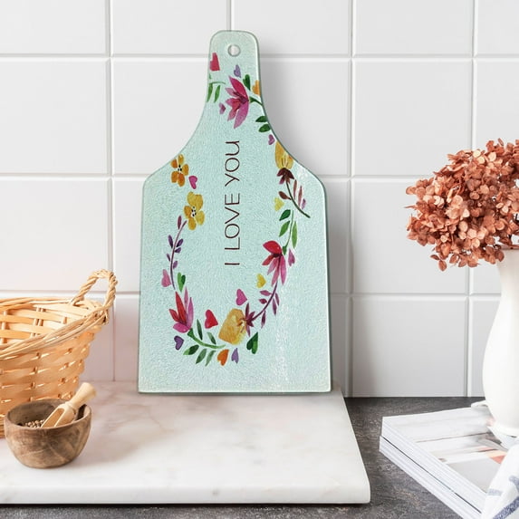 I Love You Cutting Board, Romantic Themed Text in Heart Shaped Floral Wreath Valentines Day Themed, Decorative Tempered Glass Cutting and Serving Board, in 3 Sizes, by Ambesonne