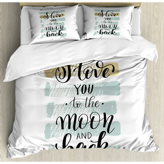 I Love You Duvet Cover Set King Size, I Love You to the Moon and Back Phrase with Soft Paintbrush Stripes, Decorative 3 Piece Bedding Set with 2 Pillow Shams, Blue Grey Pale Caramel, by Ambesonne