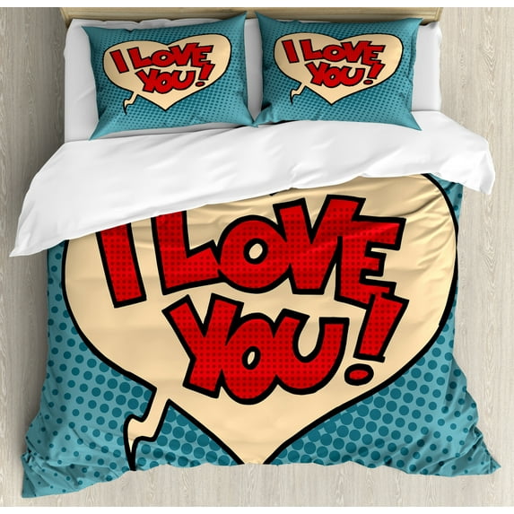 I Love You Duvet Cover Set King Size, Pop Art Style Retro Comic Strip Love Bubble Artistic Cartoon Graphic, Decorative 3 Piece Bedding Set with 2 Pillow Shams, Petrol Blue Red Ivory, by Ambesonne