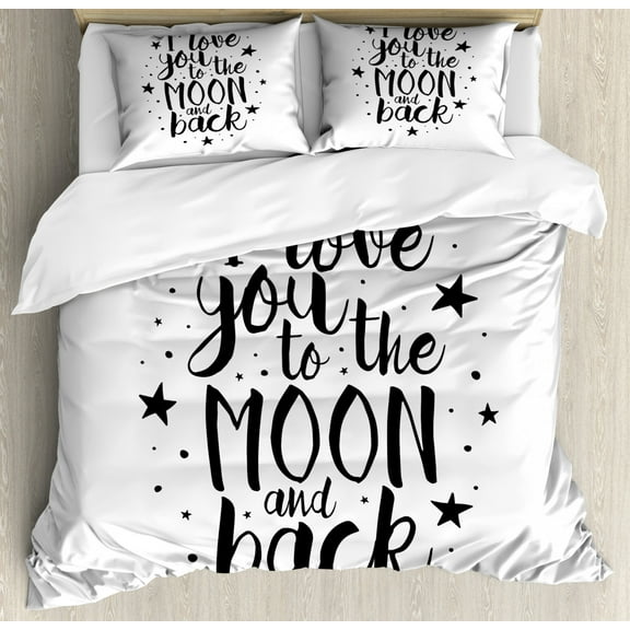 I Love You Duvet Cover Set King Size, Romantic I Love You to the Moon and Back Motivational Lifestyle Quote Print, Decorative 3 Piece Bedding Set with 2 Pillow Shams, Black White, by Ambesonne