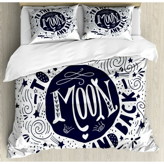 I Love You Duvet Cover Set King Size, When You Love Too Much Stylized Nature Elements Comet Happy Mood Design, Decorative 3 Piece Bedding Set with 2 Pillow Shams, Dark Blue White, by Ambesonne