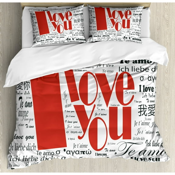 I Love You Duvet Cover Set Queen Size, Newspaper Stylized International Love Words Contemporary Happy Mothers Day, Decorative 3 Piece Bedding Set with 2 Pillow Shams, White Black Red, by Ambesonne