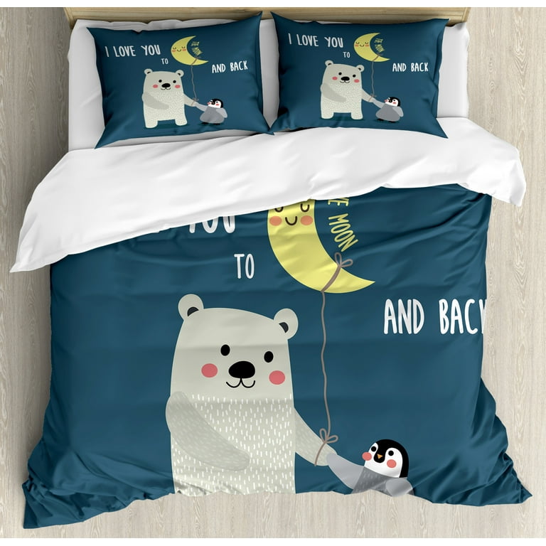 I Love You Duvet Cover Set Queen Size, Teddy Bear and Penguin Best 