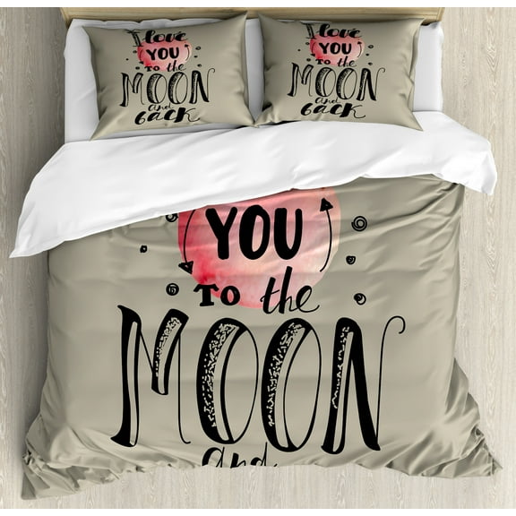 I Love You Duvet Cover Set Queen Size, My Valentine Romantic Attraction Couples Celebration Artistic Design, Decorative 3 Piece Bedding Set with 2 Pillow Shams, Beige Black Pale Pink, by Ambesonne