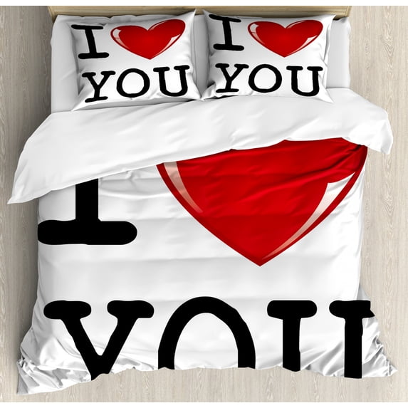 I Love You Duvet Cover Set Queen Size, Valentines Message Birthday Best Friends Love Celebration Together Theme, Decorative 3 Piece Bedding Set with 2 Pillow Shams, Red White Black, by Ambesonne