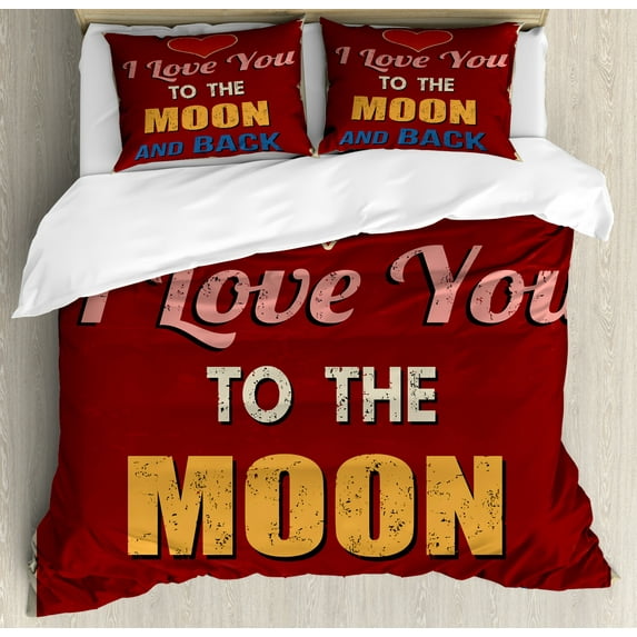 I Love You Duvet Cover Set Queen Size, Vintage Style I Love You to the Moon and Back Calligraphy Nostalgic Romance, Decorative 3 Piece Bedding Set with 2 Pillow Shams, Ruby Marigold, by Ambesonne