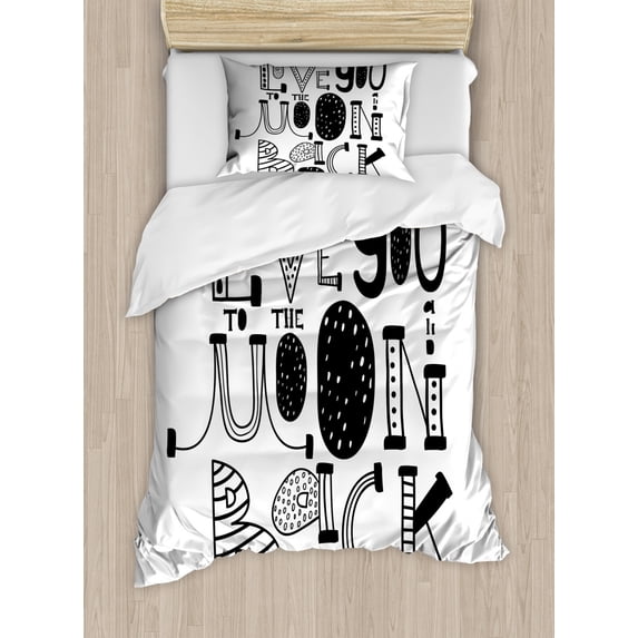 I Love You Duvet Cover Set Twin Size, Modern Graphic Style Love You Moon and Back Romantic Creative Valentines Day, Decorative 2 Piece Bedding Set with 1 Pillow Sham, Black White, by Ambesonne